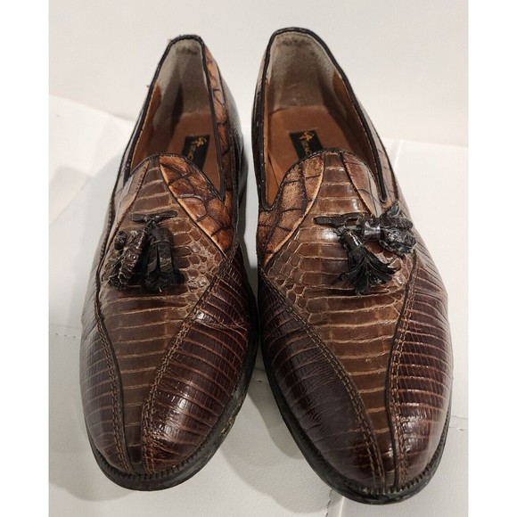 STACY ADAMS Snake &‎ Leather Tassel Loafer Mens Shoes Cognac 9.5 M - Picture 1 of 12